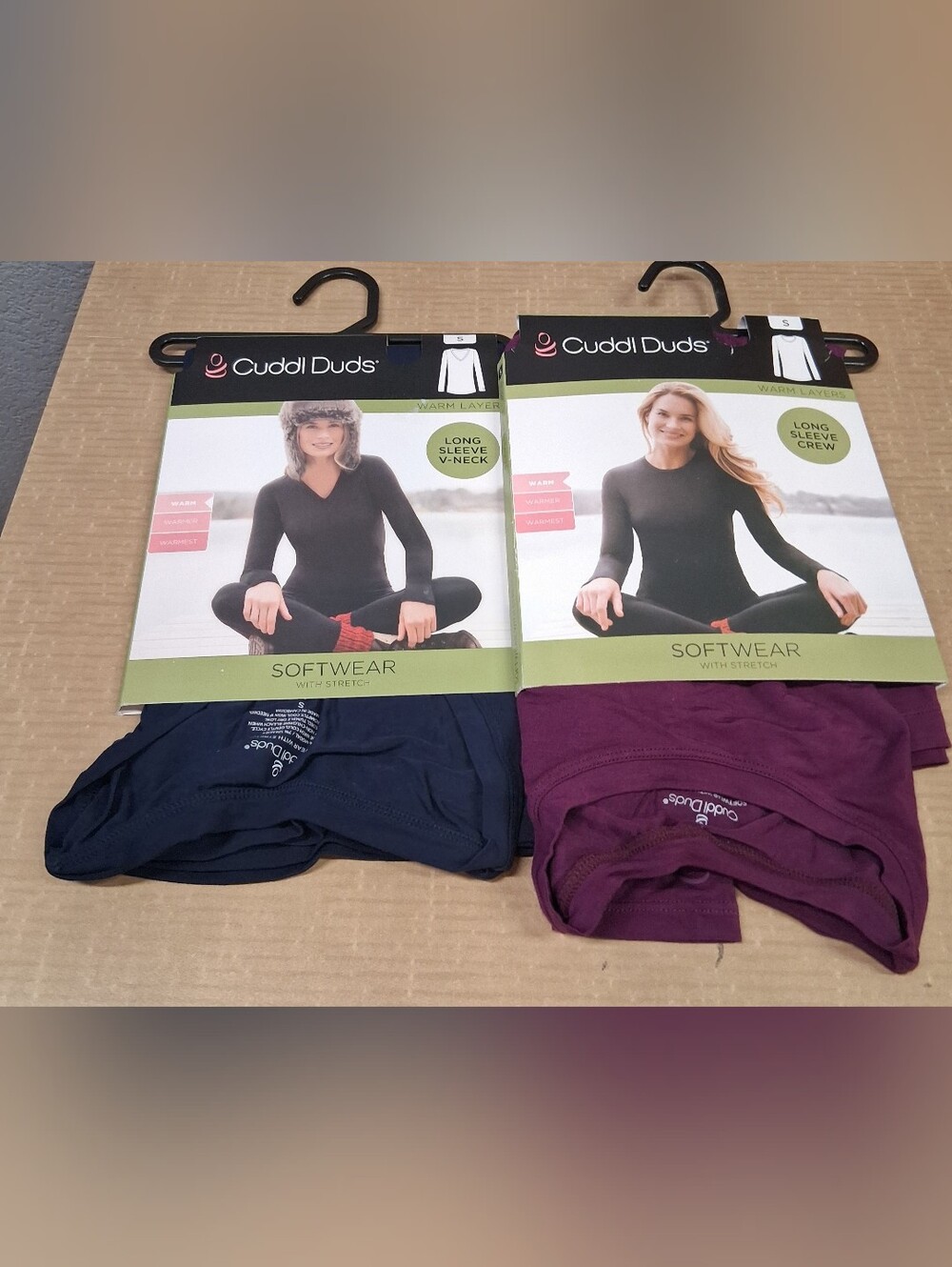 Cuddl Duds Long Sleeve Softwear Tops - Navy and Plum S